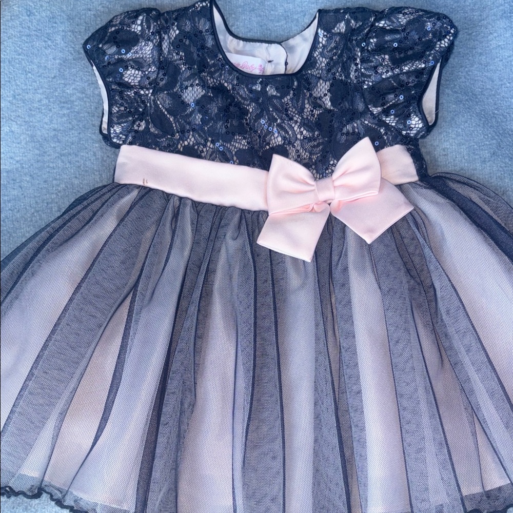 Bonnie Baby Black Lace Dress with Pink Satin Bow